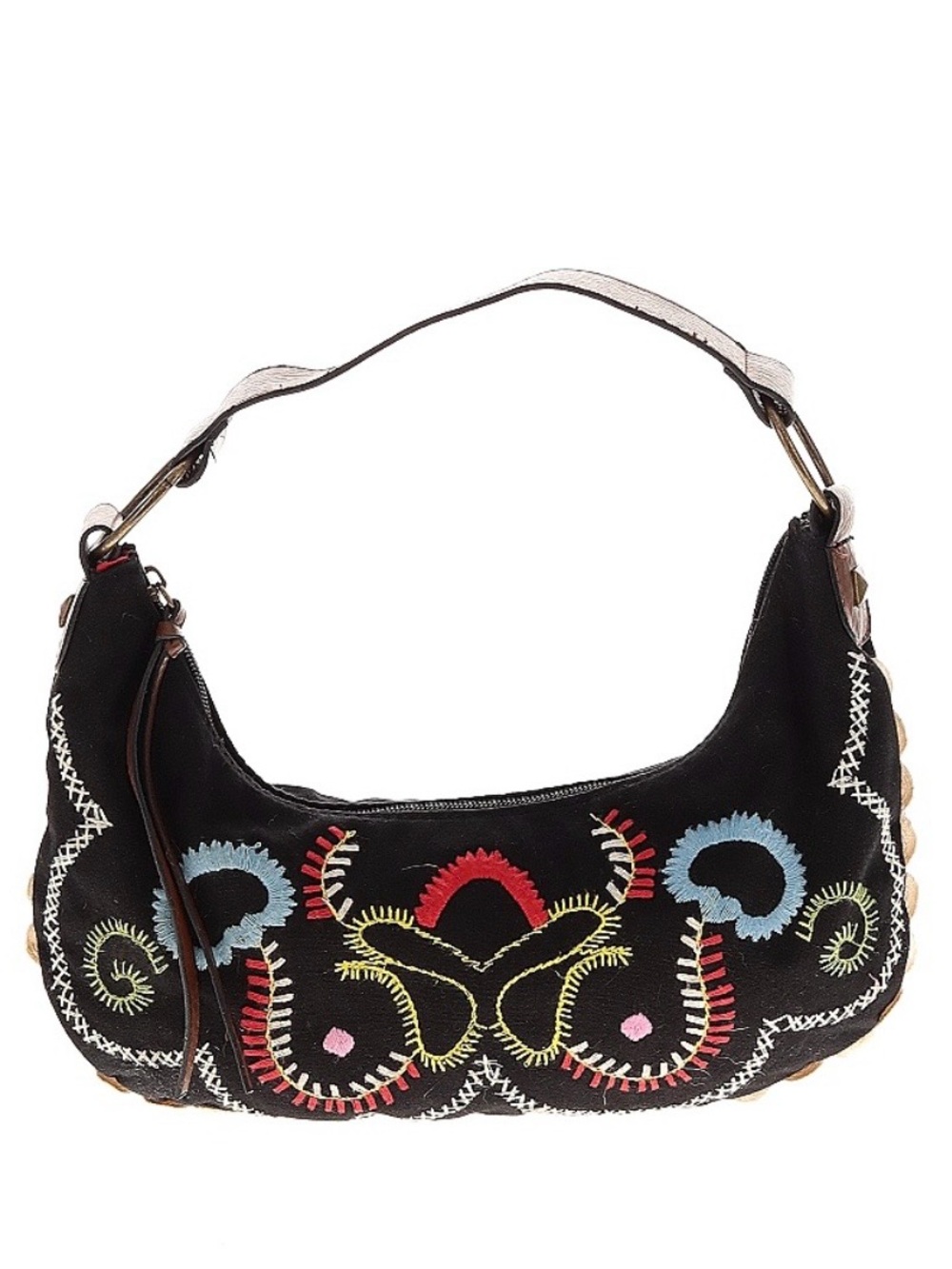Black shoulder bag with colorful embroidery